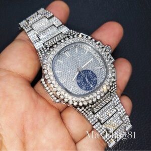 MEN'S WATCH ICED LUXURY SILVER FINISHED BLING HIP HOP FULL CZ BAND WRISTWATCH
